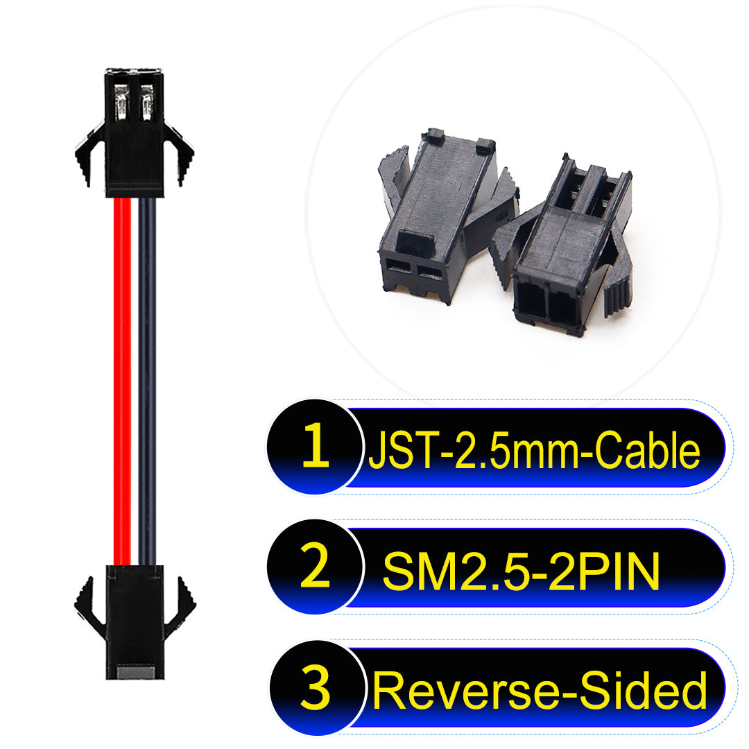 JST SM2.54 2Pin Reverse-Side-Head cable, 2.54mm pitch, UL1007-certified, designed for LED lighting, power modules, and industrial applications.