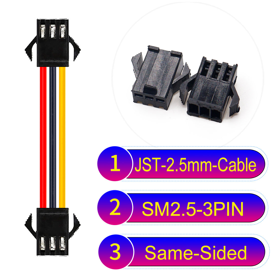 JST SM2.54 3Pin Male Same-Side-Head Cable, 2.54mm pitch, UL1007-certified, designed for LED lighting, power modules, and industrial applications.