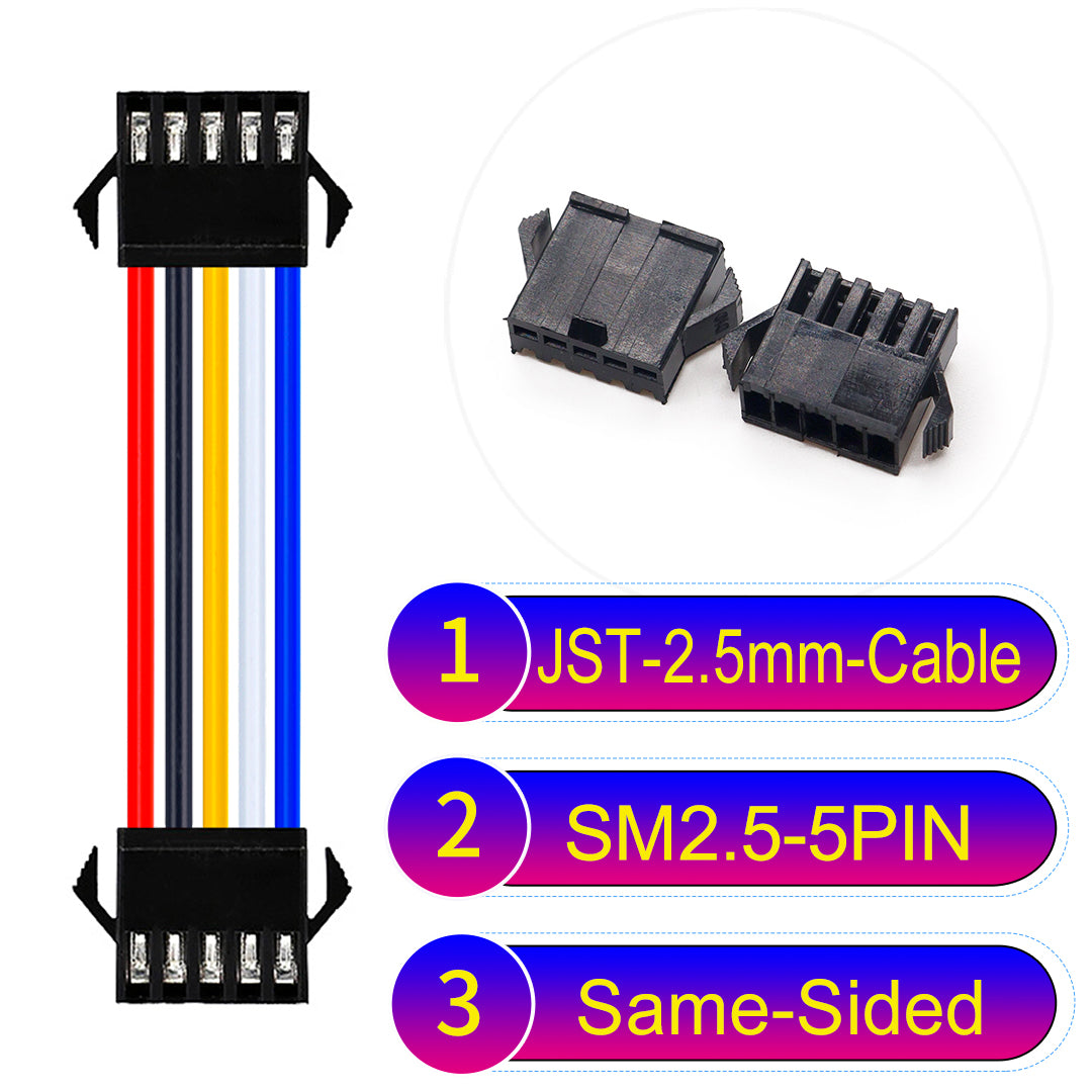JST SM2.54 5Pin Male Same-Side-Head Cable, 2.54mm pitch, UL1007-certified, designed for LED lighting, power modules, and industrial applications.