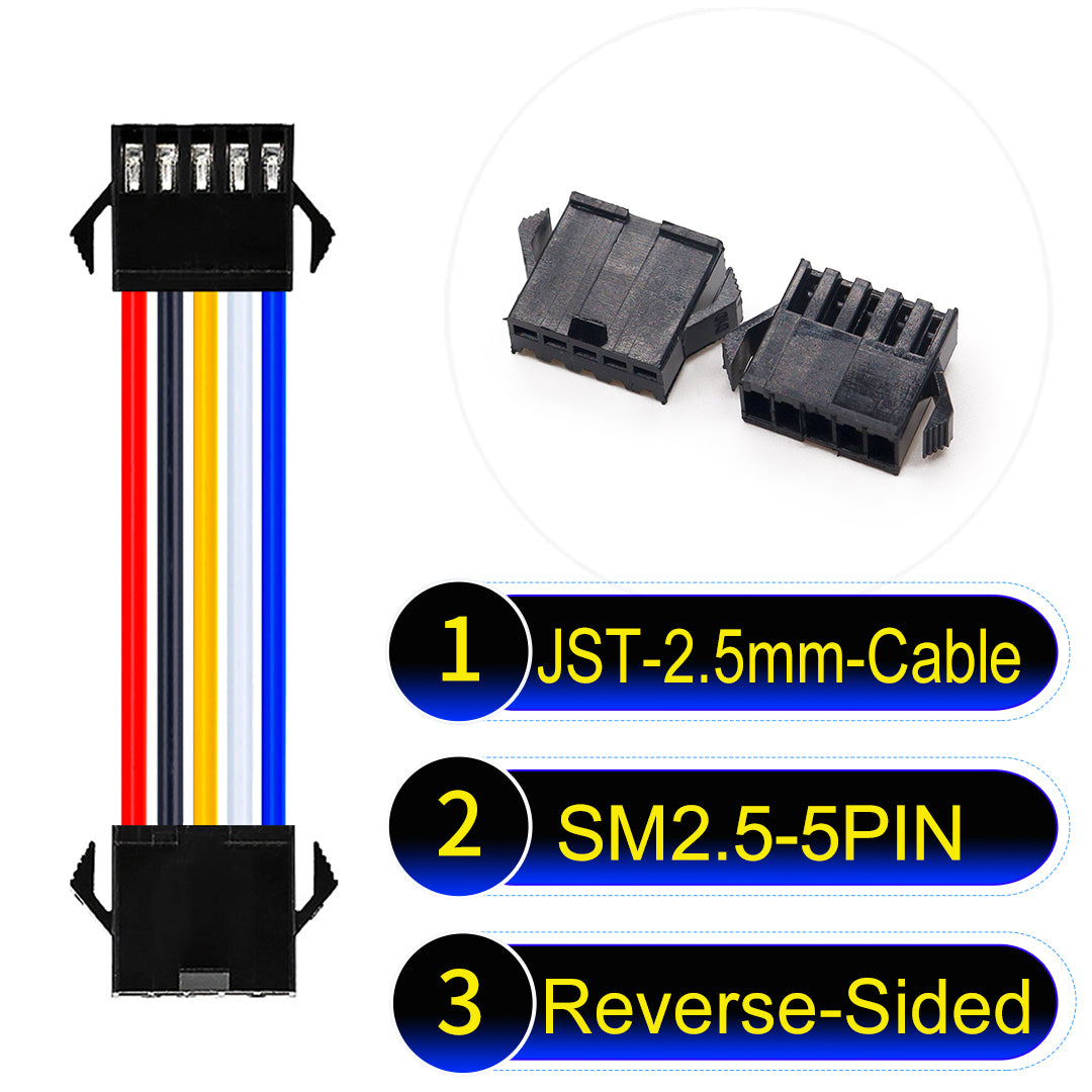 JST SM2.54 5Pin Reverse-Side-Head cable, 2.54mm pitch, UL1007-certified, designed for LED lighting, power modules, and industrial applications.