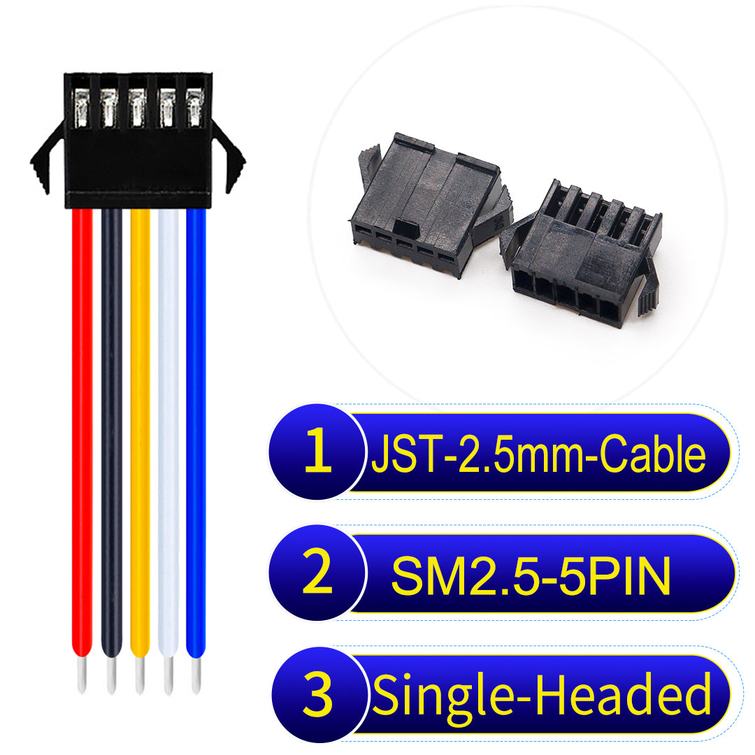 JST SM2.54 5Pin Single-Headed cable, 2.54mm pitch, UL1007-certified, designed for LED lighting, power modules, and industrial applications.
