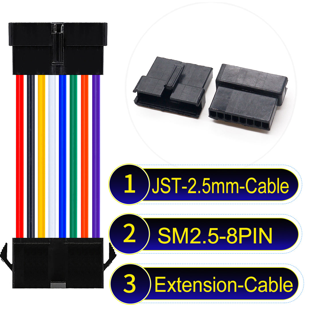 JST SM2.54 8Pin Male Female Extension Cable, 2.54mm pitch, UL1007-certified, designed for LED lighting, power modules, and industrial applications.