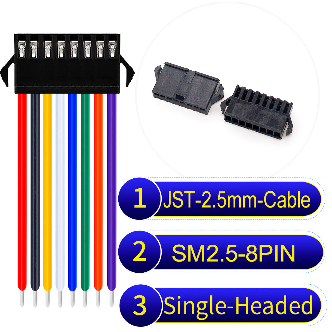 JST SM2.54 8Pin Single-Headed cable, 2.54mm pitch, UL1007-certified, designed for LED lighting, power modules, and industrial applications.