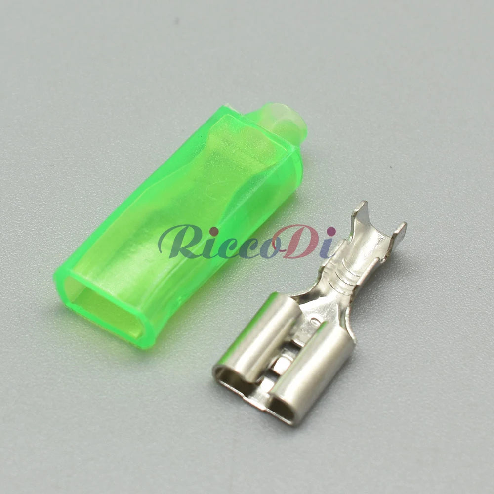 6.3mm Automotive Spring Terminal with Green Sheath for Push Button Switch, Cold Crimp 0.2-1.5mm² Compatible with DJ7013-6.3-21