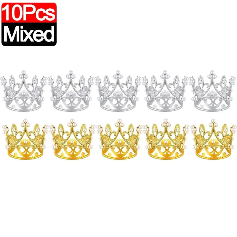 10/1Pcs Mini Crown Cake Decoration Princess Topper Pearl Tiara Children Hair Ornaments for Wedding Birthday Party Cake Decor