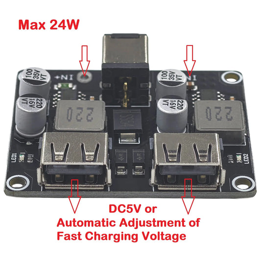 USB QC2.0/QC3.0 2-Channel DC-DC Buck Converter Module Fast Charging 6-32V to 5V/9V/12V/24V