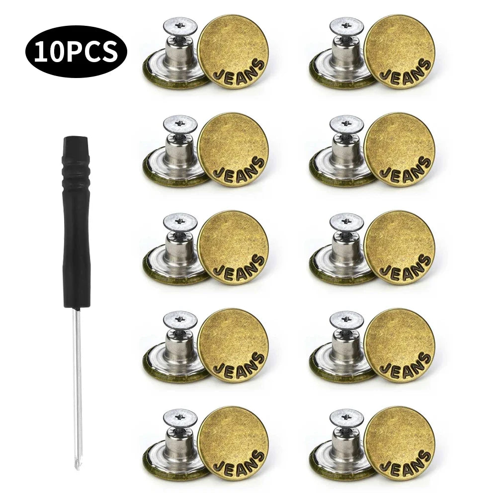 Jeans Buttons Replacement Kit — 17mm No-Sew Nailless Removable Metal Button Repair Set 10pcs