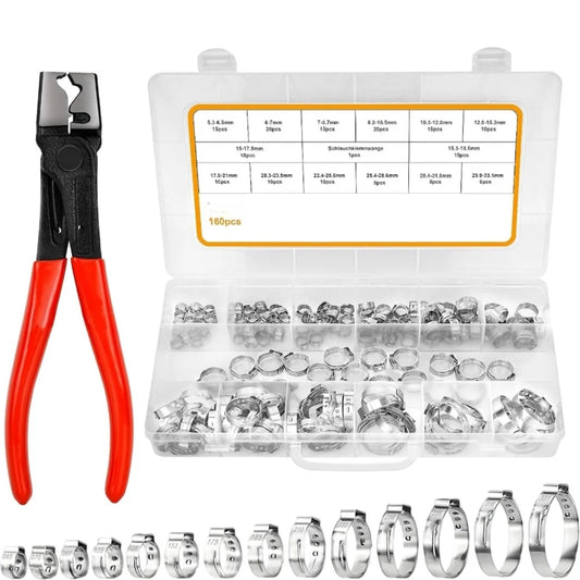 160 Pcs Single-Ear Hose Clamps Stainless Steel 304 For Hose Clamp Pliers Variety Pack 5.3-33.1 Mm Inner Diameter For Automotive