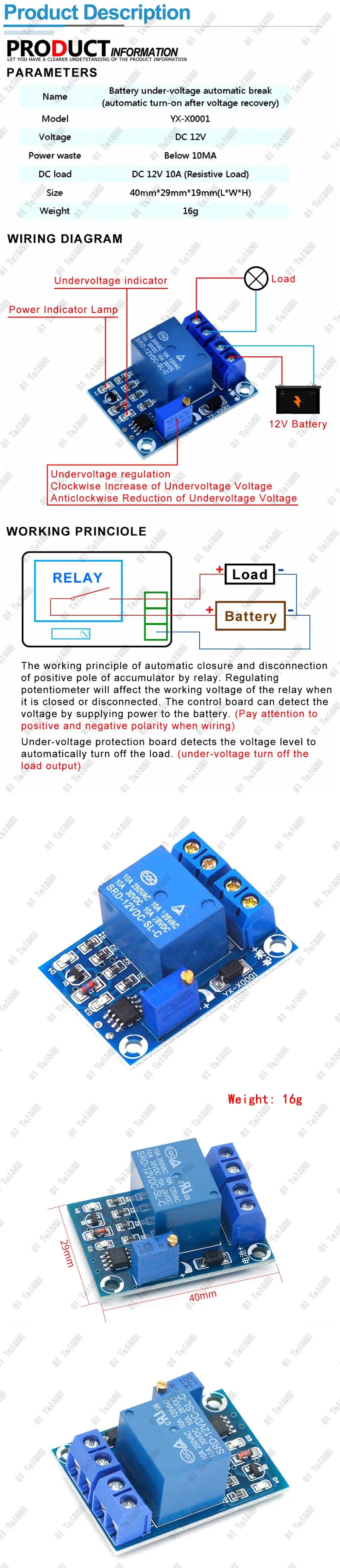 DC 12V Battery Undervoltage Protection Module Low Voltage Cut-Off Automatic Recovery Controller