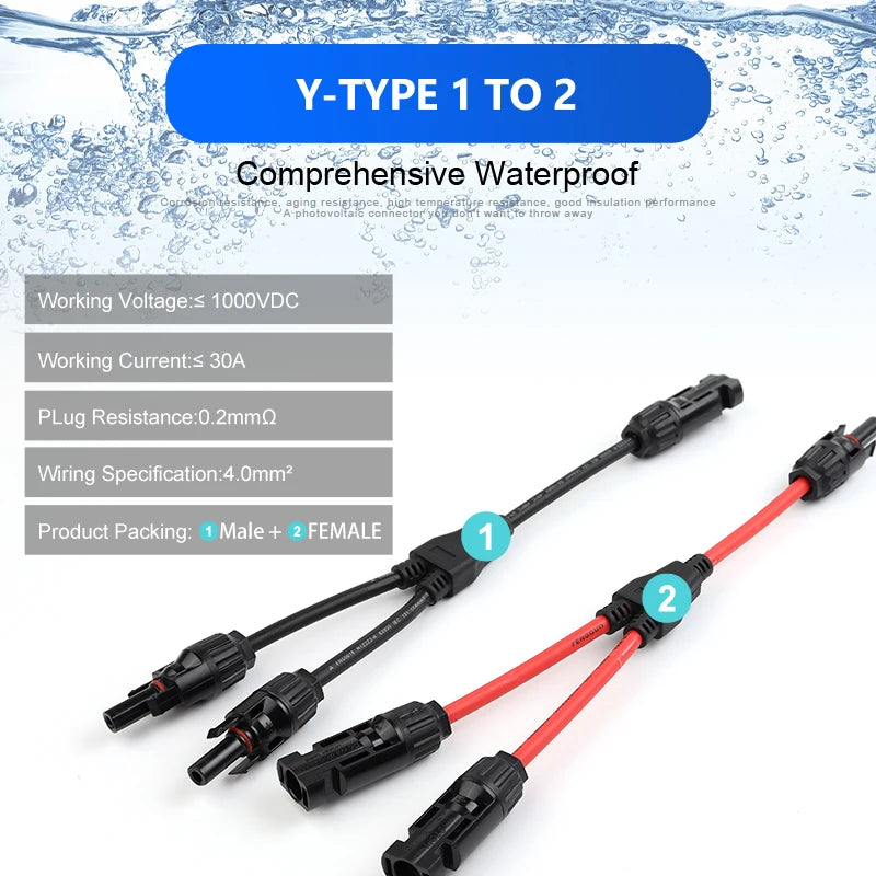 Power Solar Connectors 30A Y-Branch Cable, Solar Cable Parallel Adaptor Pair for Solar Panel 1M/FF + 1F/MM Black Red Power