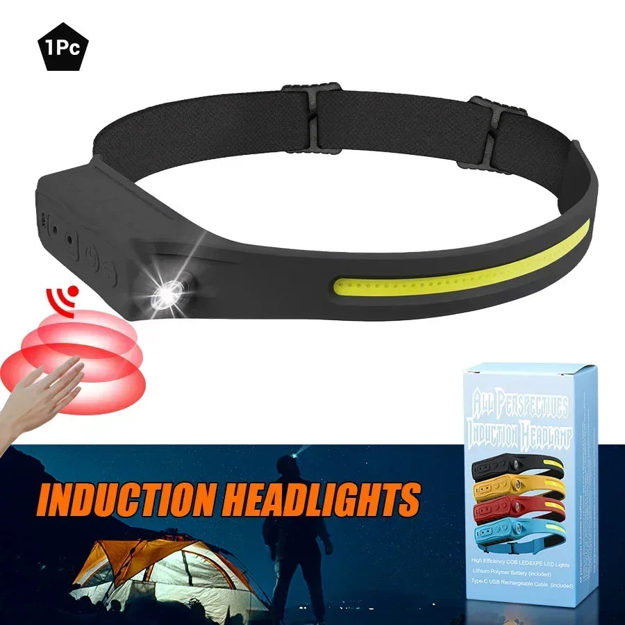 LED Sensor Headlamp Rechargeable Head Torch 5 Mode for Outdoor