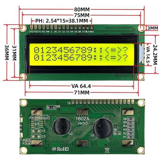LCD1602 16x2 Character I2C LCD Display Module with PCF8574 Interface 5V Blue Yellow Green Screen for Arduino Projects