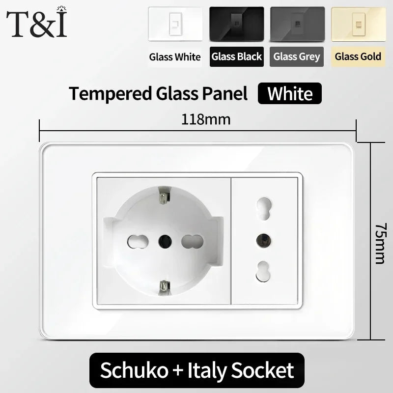 118x75mm Type-C Fast Charging Wall Socket Italy & Chile Schuko Outlet Tempered Glass Panel Type Switch