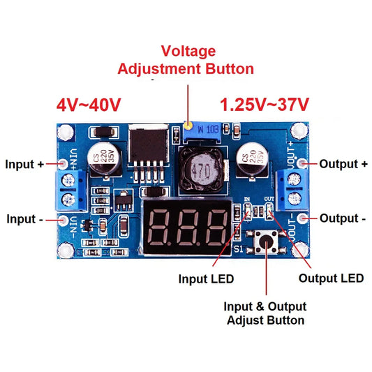 LM2596 DC-DC Step-Down Converter Adjustable Voltage Regulator 4-40V to 1.3-37V with LED Voltmeter