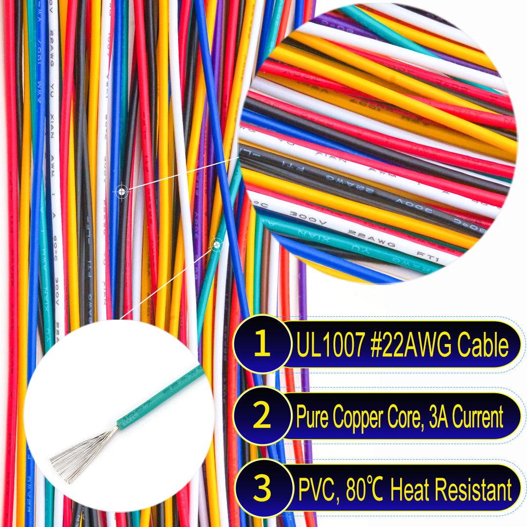 UL1007 standard 22AWG cable with pure copper core, supports 3A current, PVC insulation, and 80¡ãC heat resistance, ideal for various electrical applications.