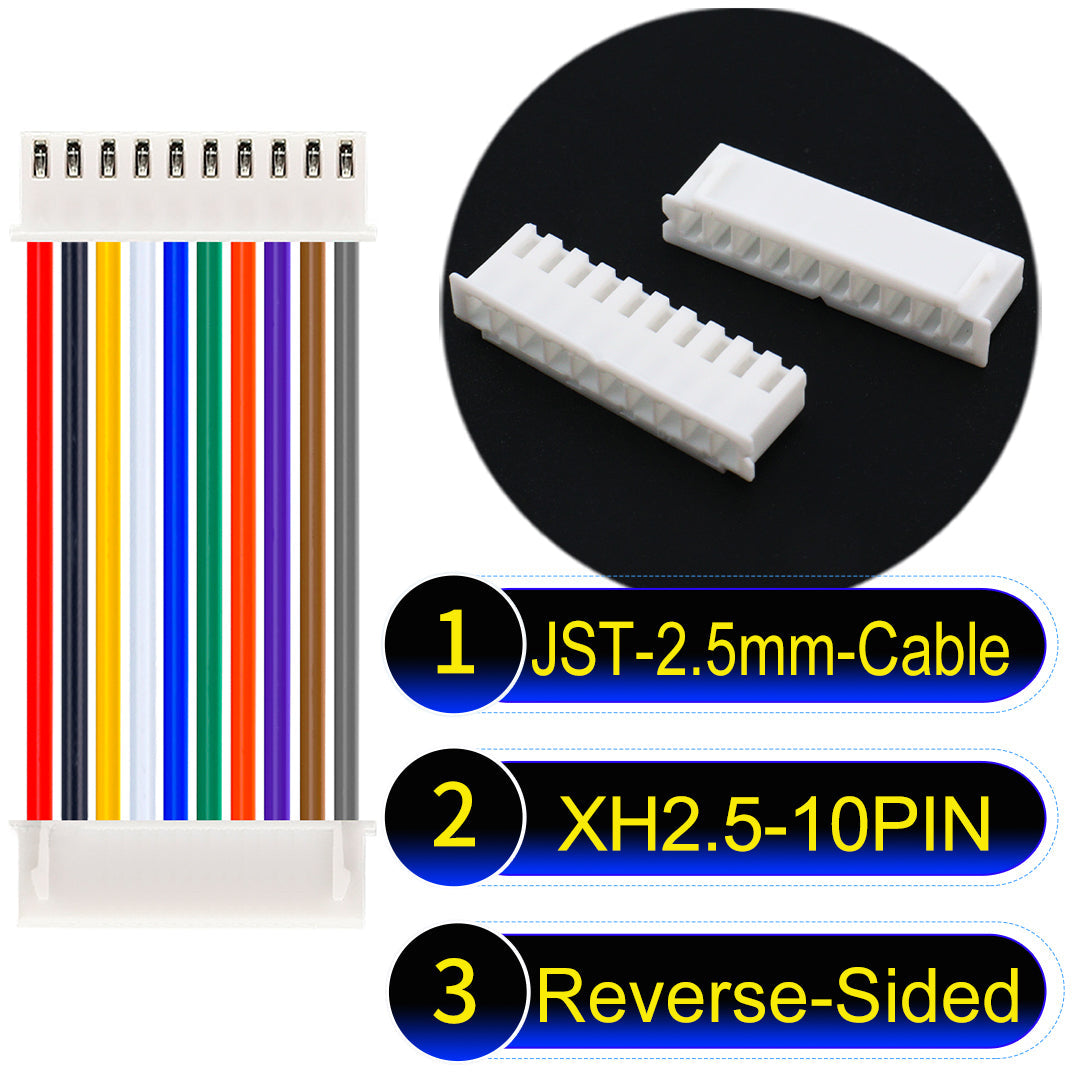 JST XH 2.5mm 10Pin Reverse-Side-Head cable with 22AWG copper wire and UL1007-certified PVC, ideal for home appliances, electrical equipment, etc.