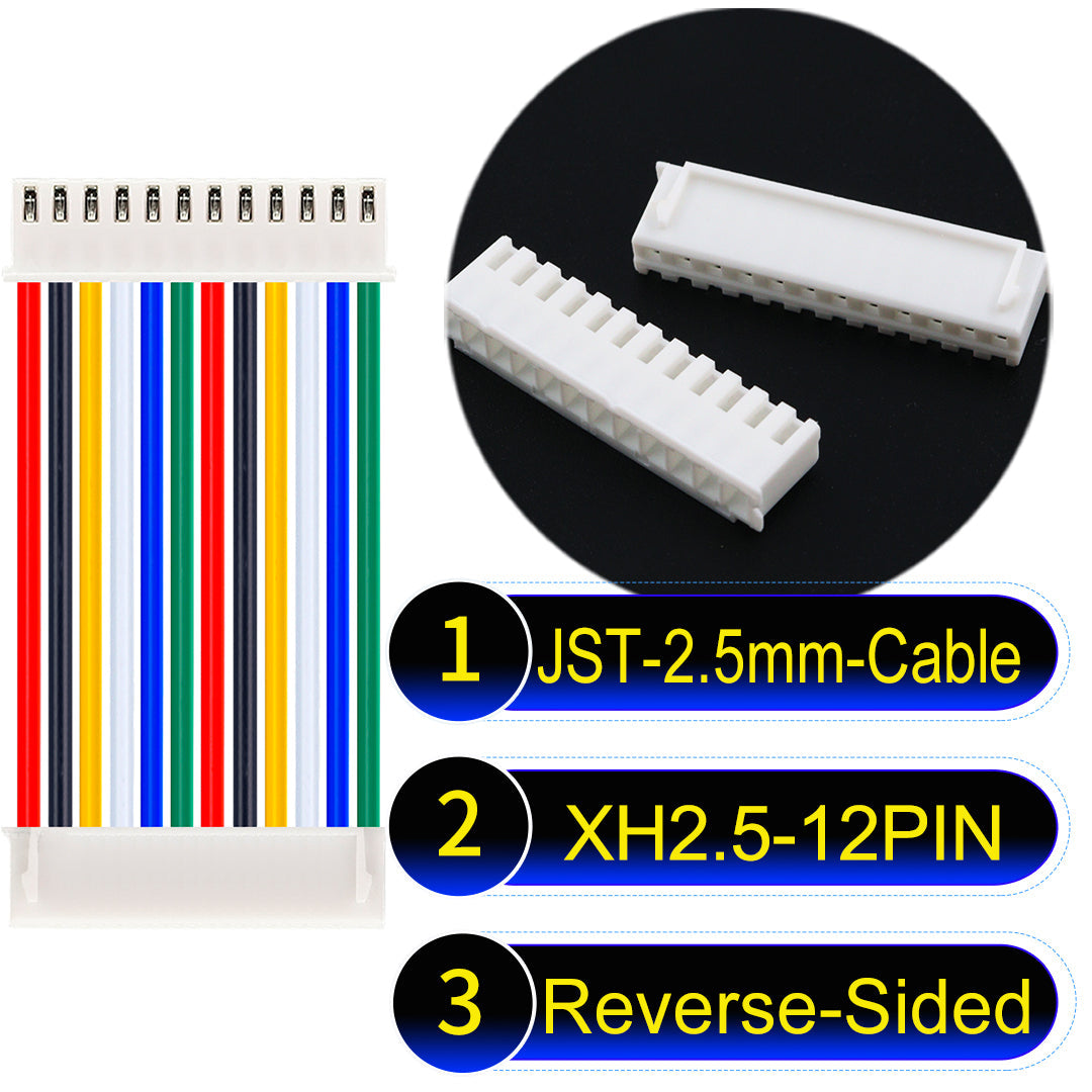 JST XH 2.5mm 12Pin Reverse-Side-Head cable with 22AWG copper wire and UL1007-certified PVC, ideal for home appliances, electrical equipment, etc.