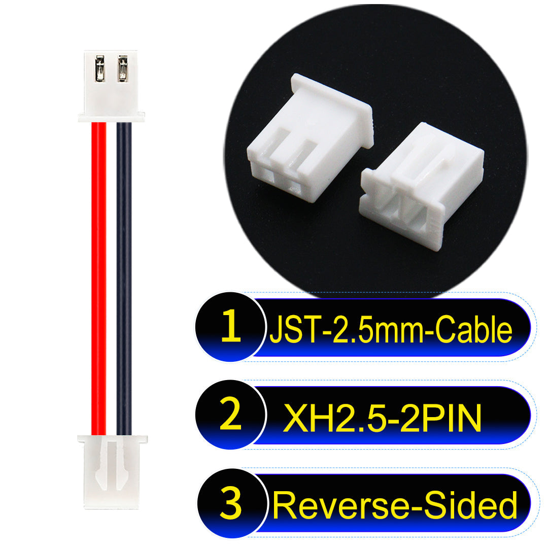JST XH 2.5mm 2Pin Reverse-Side-Head cable with 22AWG copper wire and UL1007-certified PVC, ideal for home appliances, electrical equipment, etc.