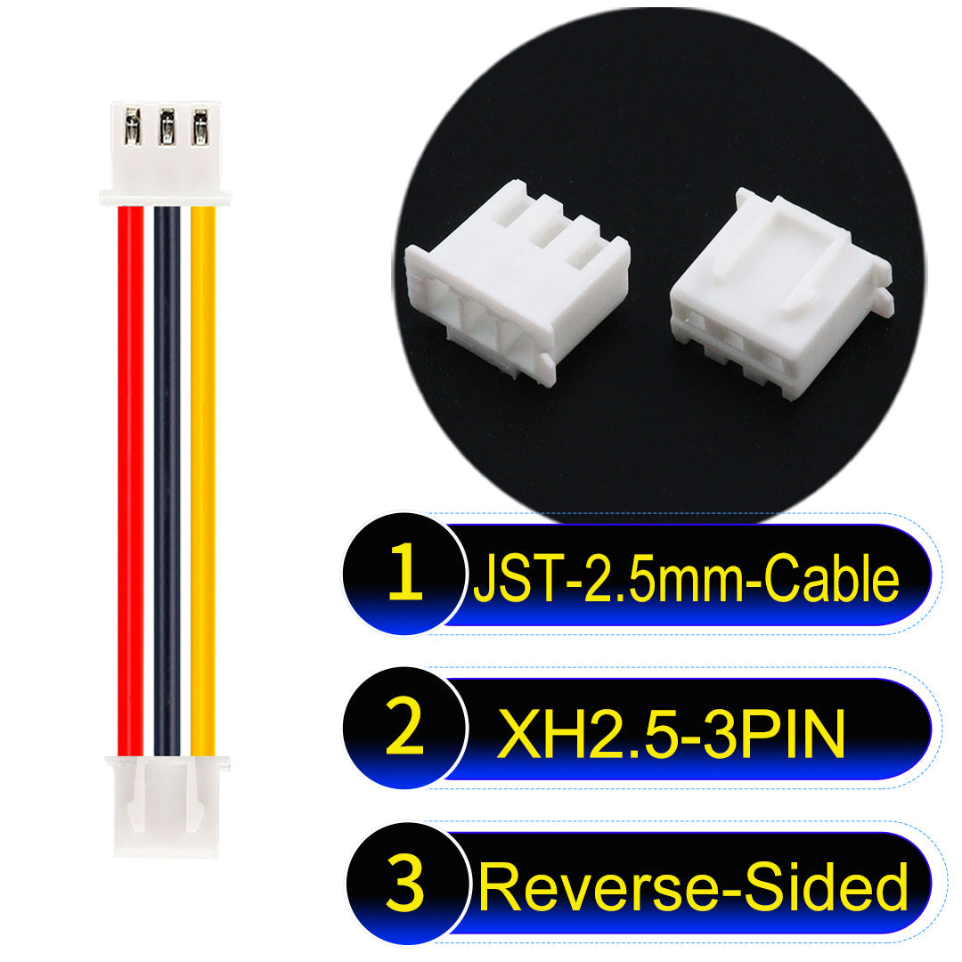 JST XH 2.5mm 3Pin Reverse-Side-Head cable with 22AWG copper wire and UL1007-certified PVC, ideal for home appliances, electrical equipment, etc.
