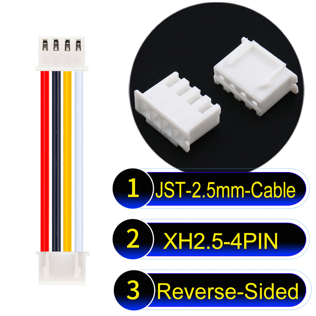 JST XH 2.5mm 4Pin Reverse-Side-Head cable with 22AWG copper wire and UL1007-certified PVC, ideal for home appliances, electrical equipment, etc.