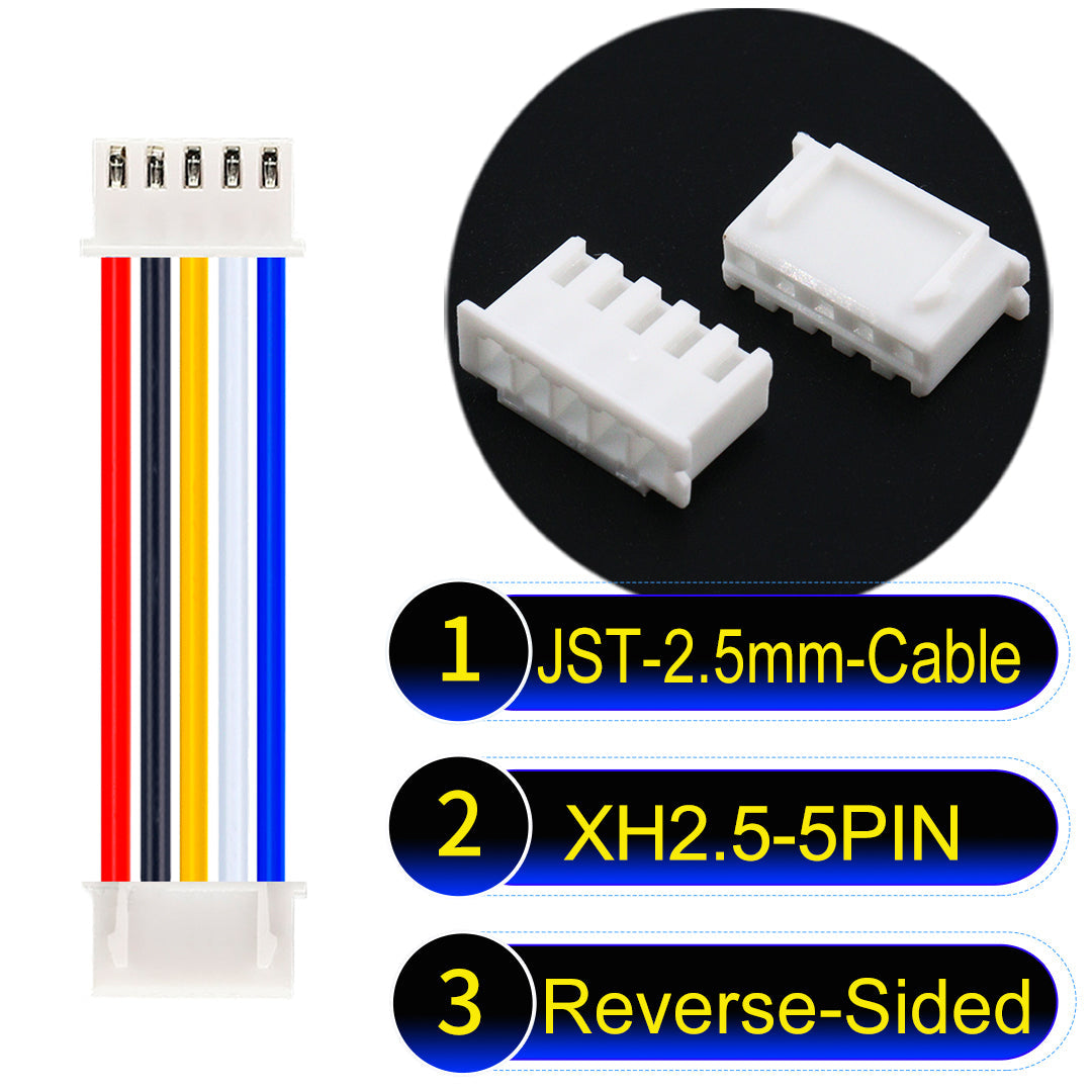 JST XH 2.5mm 5Pin Reverse-Side-Head cable with 22AWG copper wire and UL1007-certified PVC, ideal for home appliances, electrical equipment, etc.