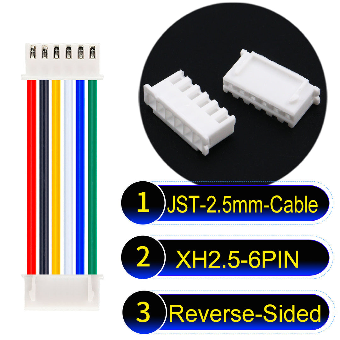 JST XH 2.5mm 6Pin Reverse-Side-Head cable with 22AWG copper wire and UL1007-certified PVC, ideal for home appliances, electrical equipment, etc.
