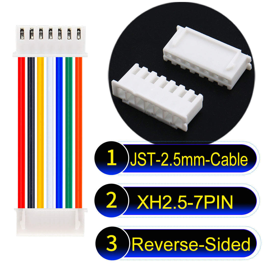JST XH 2.5mm 7Pin Reverse-Side-Head cable with 22AWG copper wire and UL1007-certified PVC, ideal for home appliances, electrical equipment, etc.