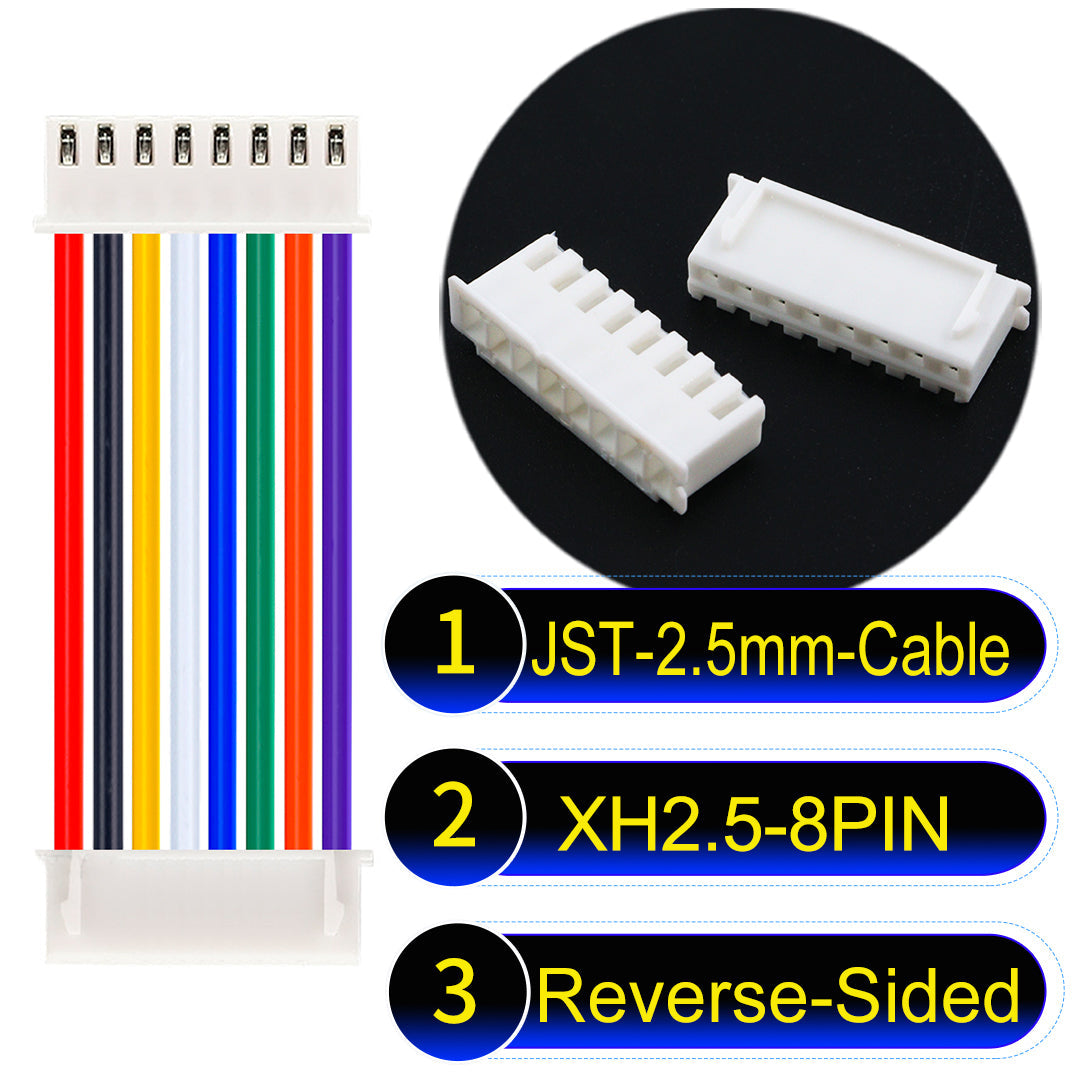 JST XH 2.5mm 8Pin Reverse-Side-Head cable with 22AWG copper wire and UL1007-certified PVC, ideal for home appliances, electrical equipment, etc.
