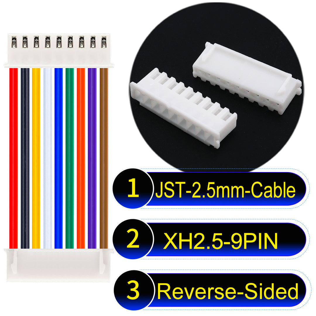 JST XH 2.5mm 9Pin Reverse-Side-Head cable with 22AWG copper wire and UL1007-certified PVC, ideal for home appliances, electrical equipment, etc.