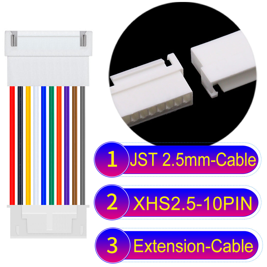 JST XHS with Belt Lock 10Pin Male Female Extension Cable, 2.54mm pitch, 22AWG copper wire, UL1007 certified, ideal for home appliances, electrical systems, and LED lighting applications.