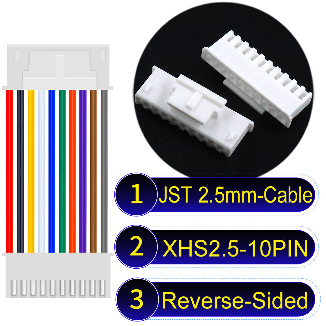 JST XHS with Belt Lock 10Pin Reverse-Side-Head cable, 2.54mm pitch, 22AWG copper wire, UL1007 certified, ideal for home appliances, electrical systems, and LED lighting applications.