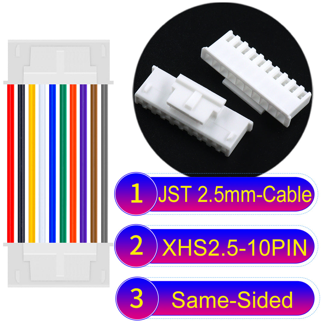 JST XHS with Belt Lock 2.5mm 10Pin Same-Side-Head cable with 22AWG copper wire and UL1007-certified PVC, suitable for home appliances, electrical equipment, and LED lighting.