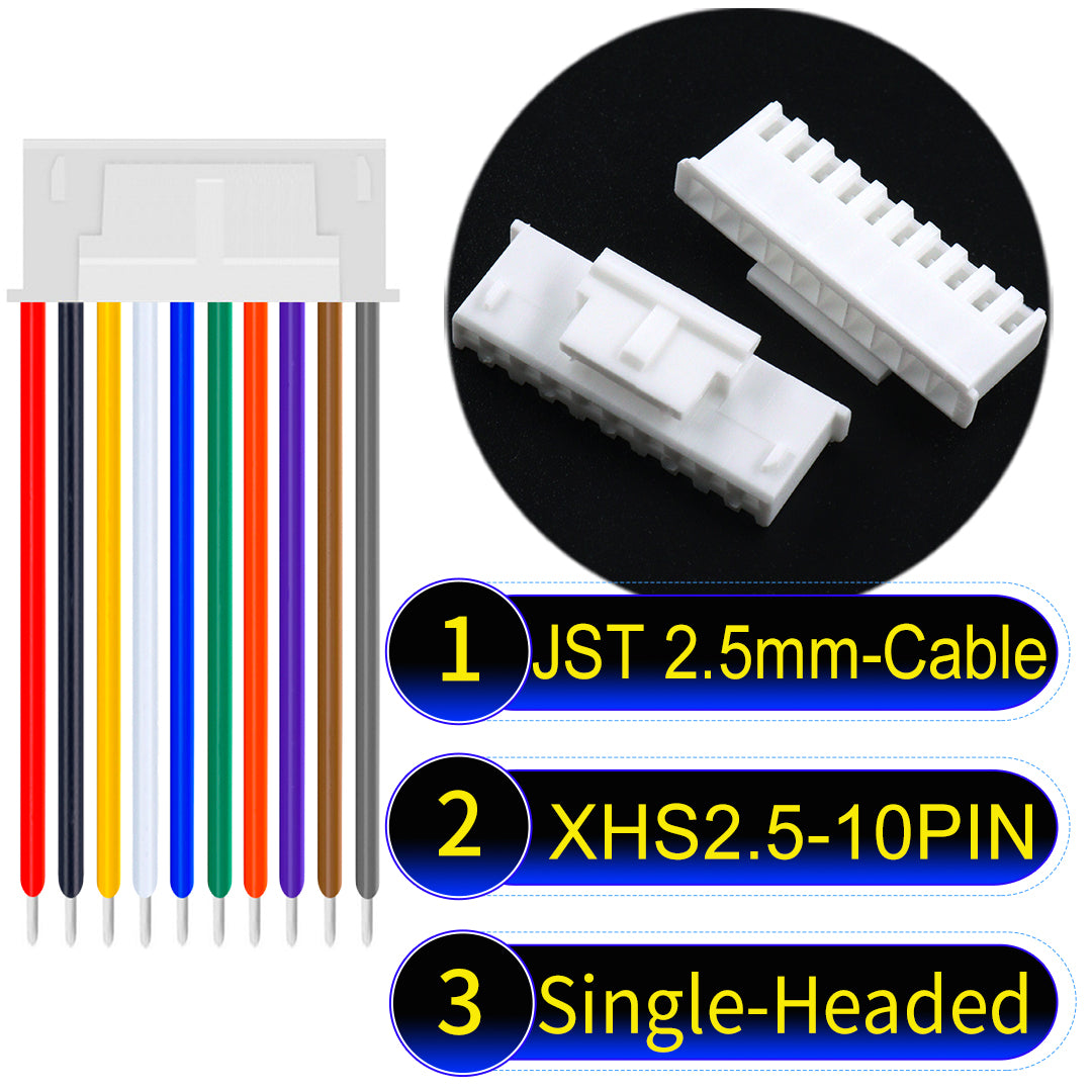 JST XHS with Belt Lock 2.5mm 10Pin single-headed cable with 22AWG copper wire and UL1007-certified PVC, suitable for home appliances, electrical equipment, and LED lighting.