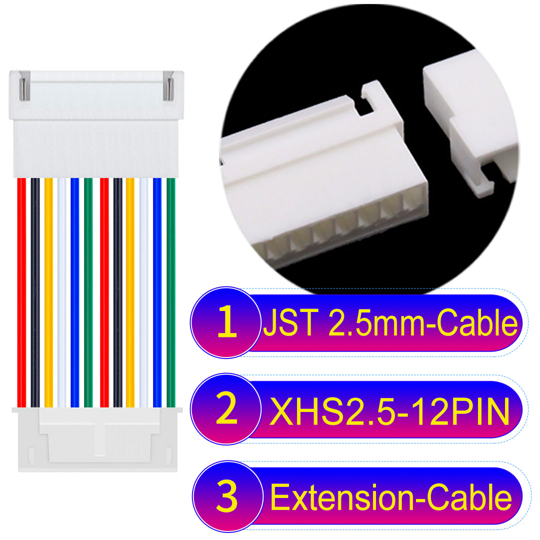 JST XHS with Belt Lock 12Pin Male Female Extension Cable, 2.54mm pitch, 22AWG copper wire, UL1007 certified, ideal for home appliances, electrical systems, and LED lighting applications.
