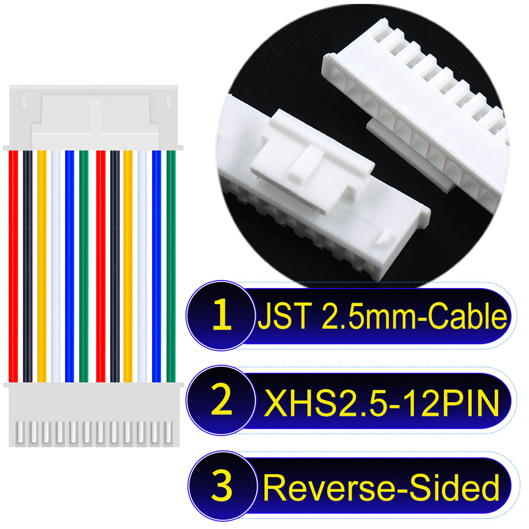 JST XHS with Belt Lock 12Pin Reverse-Side-Head cable, 2.54mm pitch, 22AWG copper wire, UL1007 certified, ideal for home appliances, electrical systems, and LED lighting applications.