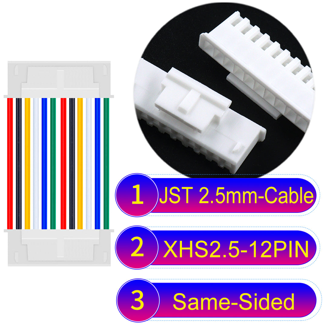 JST XHS with Belt Lock 2.5mm 12Pin Same-Side-Head cable with 22AWG copper wire and UL1007-certified PVC, suitable for home appliances, electrical equipment, and LED lighting.