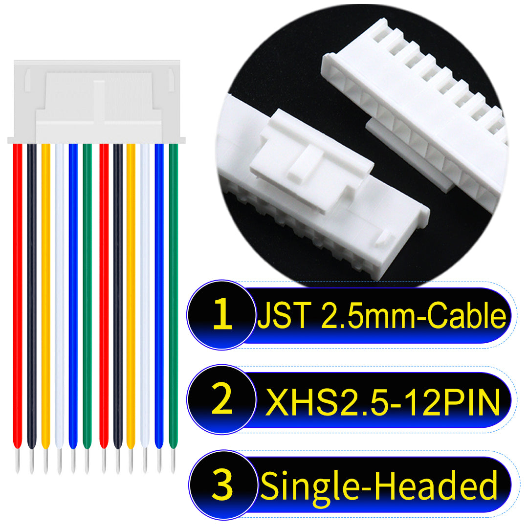 JST XHS with Belt Lock 2.5mm 12Pin single-headed cable with 22AWG copper wire and UL1007-certified PVC, suitable for home appliances, electrical equipment, and LED lighting.