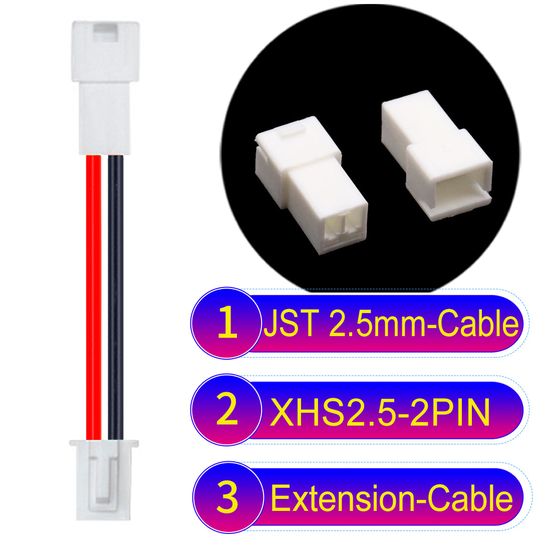 JST XHS with Belt Lock 2Pin Male Female Extension Cable, 2.54mm pitch, 22AWG copper wire, UL1007 certified, ideal for home appliances, electrical systems, and LED lighting applications.