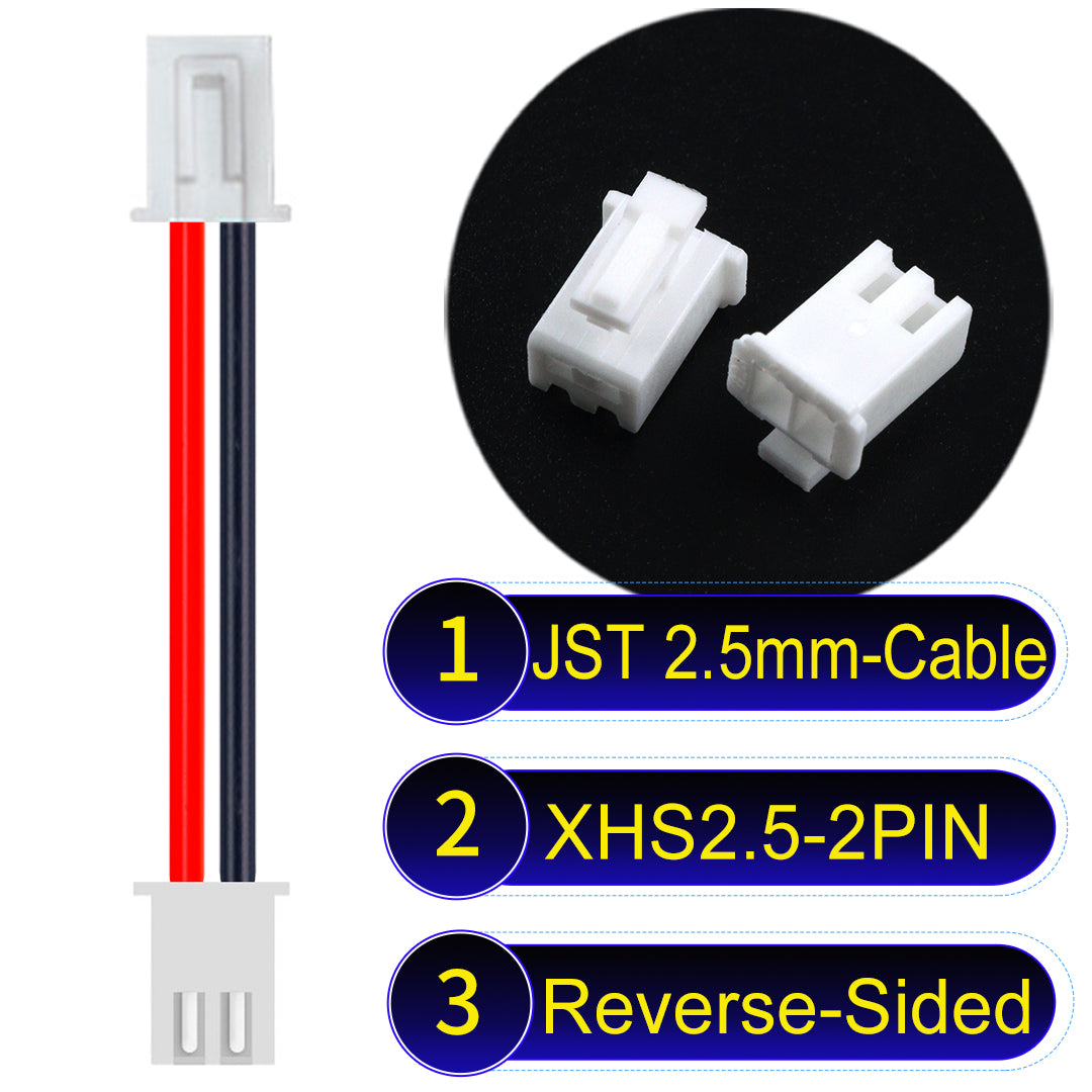 JST XHS with Belt Lock 2Pin Reverse-Side-Head cable, 2.54mm pitch, 22AWG copper wire, UL1007 certified, ideal for home appliances, electrical systems, and LED lighting applications.
