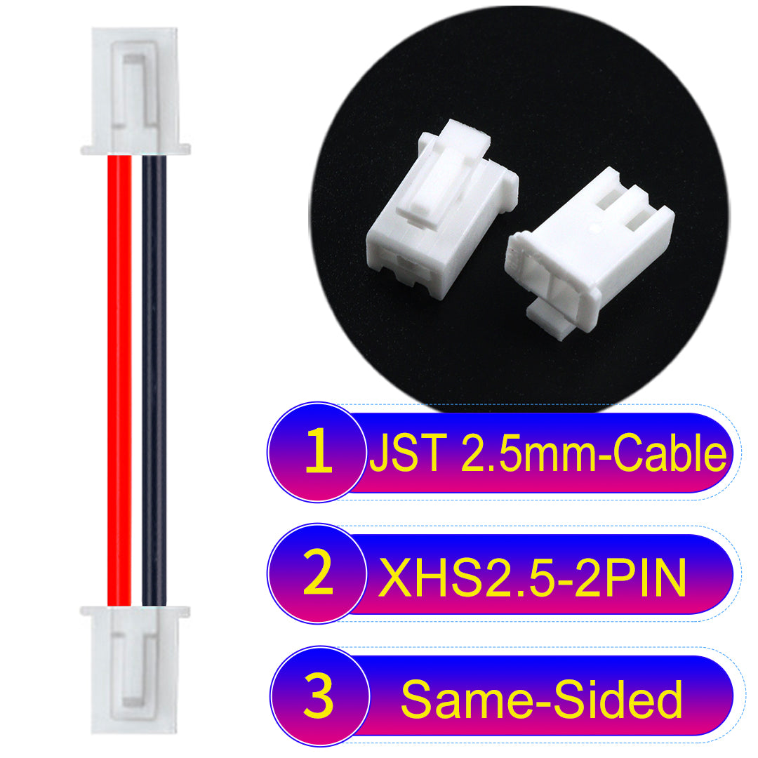 JST XHS with Belt Lock 2.5mm 2Pin Same-Side-Head cable with 22AWG copper wire and UL1007-certified PVC, suitable for home appliances, electrical equipment, and LED lighting.