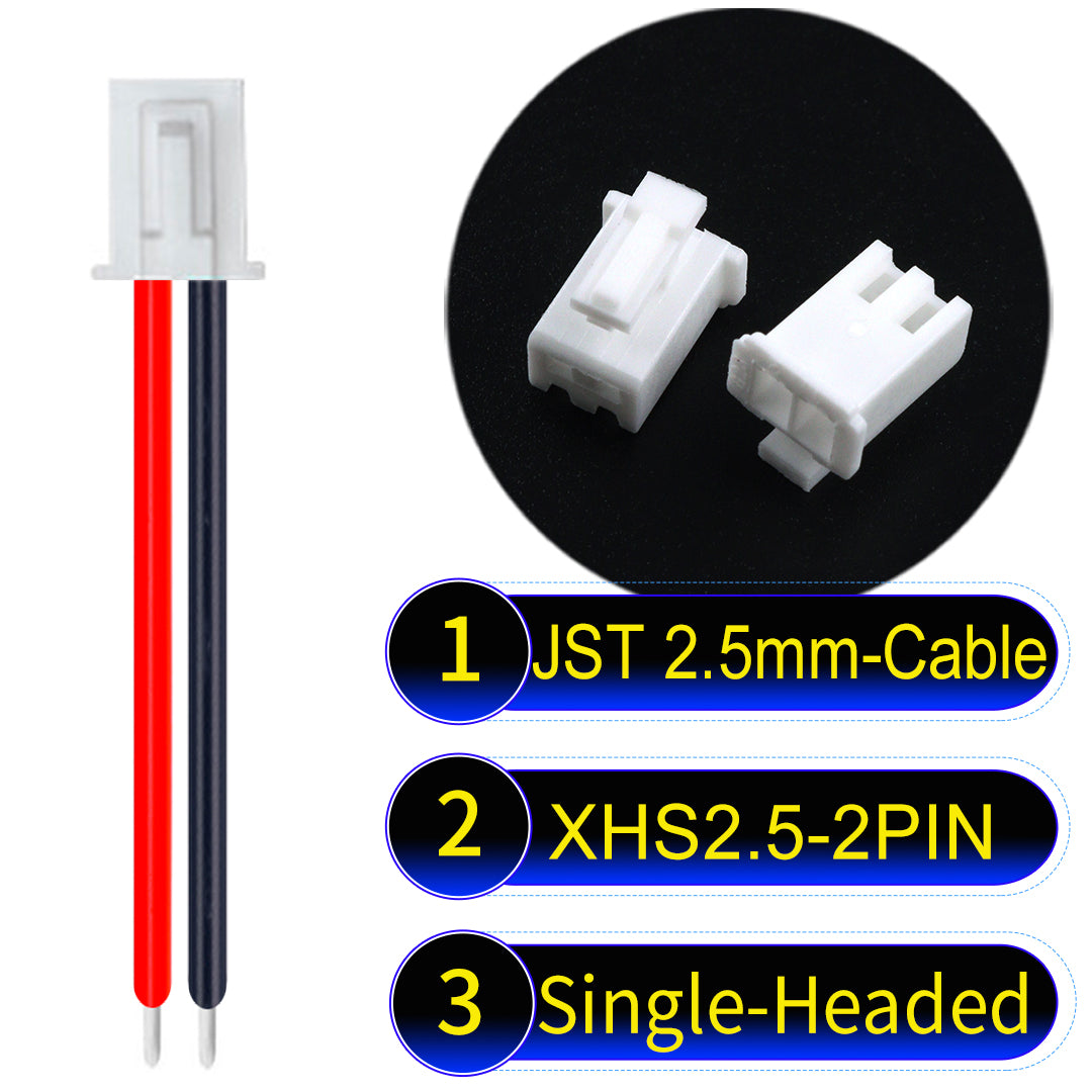JST XHS with Belt Lock 2.5mm 2Pin single-headed cable with 22AWG copper wire and UL1007-certified PVC, suitable for home appliances, electrical equipment, and LED lighting.