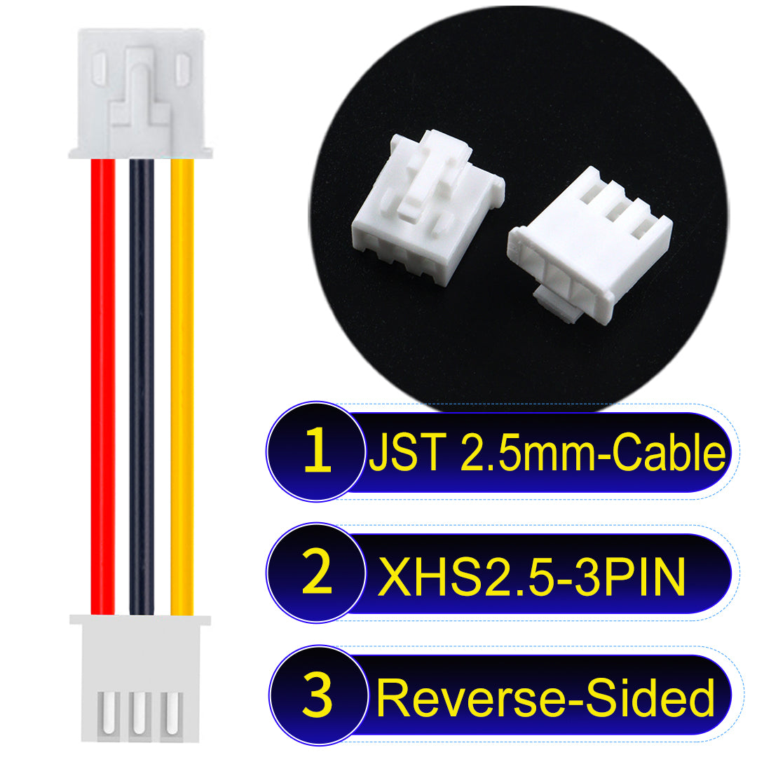 JST XHS with Belt Lock 3Pin Reverse-Side-Head cable, 2.54mm pitch, 22AWG copper wire, UL1007 certified, ideal for home appliances, electrical systems, and LED lighting applications.