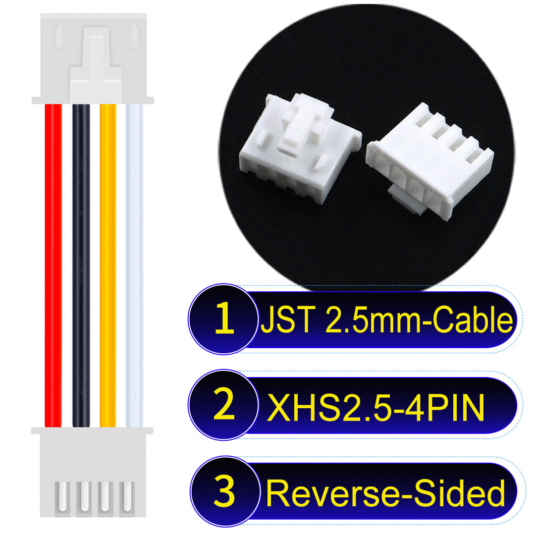 JST XHS with Belt Lock 4Pin Reverse-Side-Head cable, 2.54mm pitch, 22AWG copper wire, UL1007 certified, ideal for home appliances, electrical systems, and LED lighting applications.