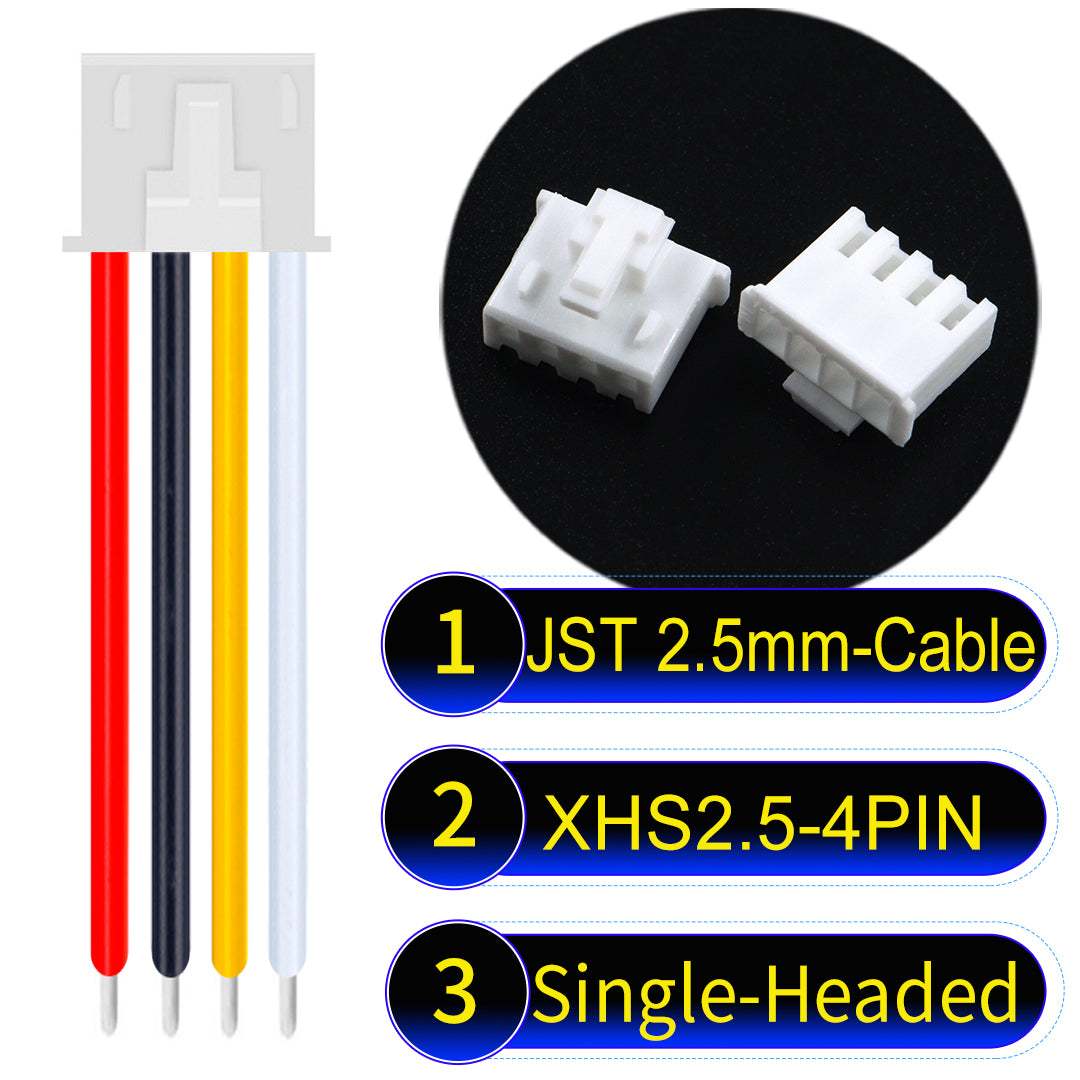 JST XHS with Belt Lock 2.5mm 4Pin single-headed cable with 22AWG copper wire and UL1007-certified PVC, suitable for home appliances, electrical equipment, and LED lighting.