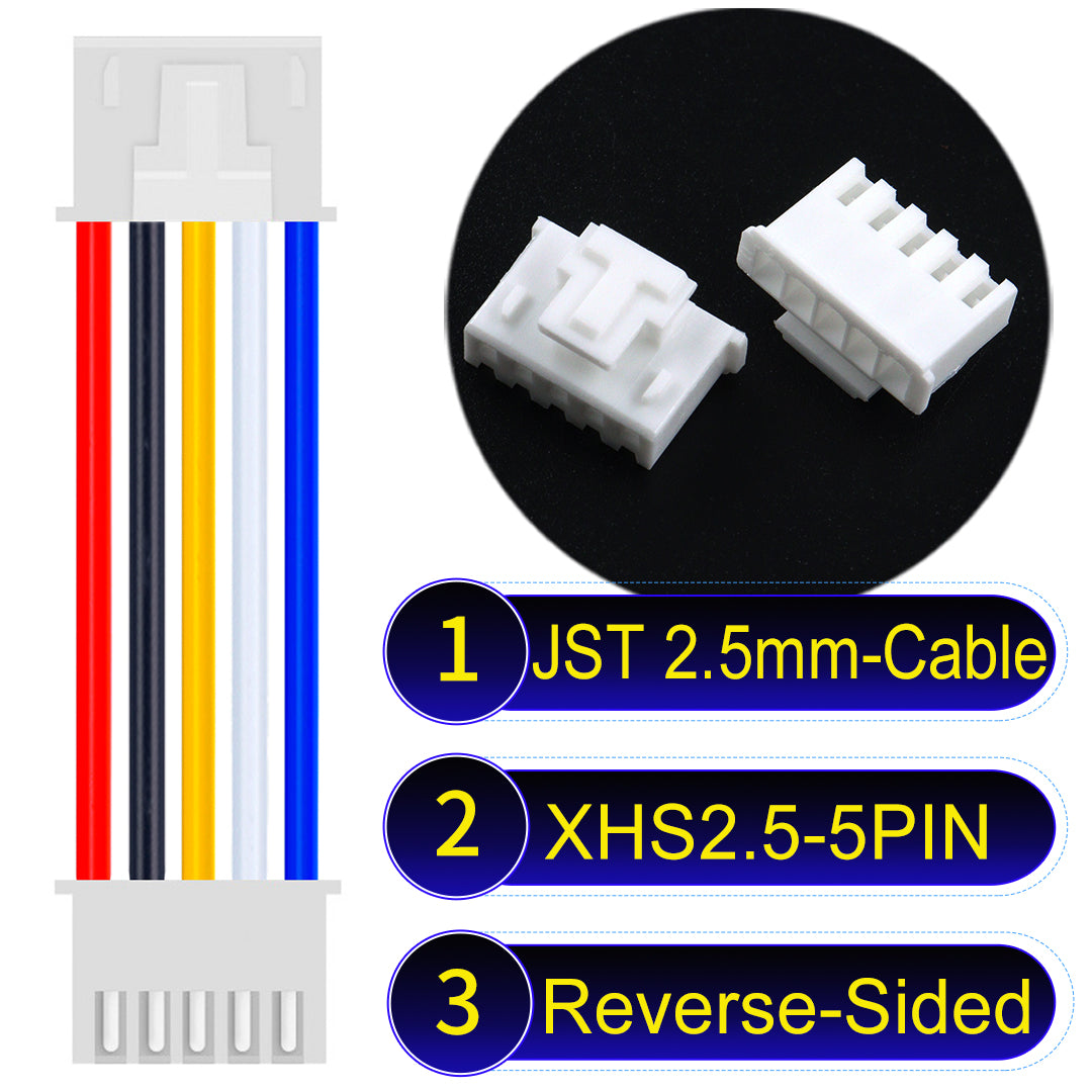 JST XHS with Belt Lock 5Pin Reverse-Side-Head cable, 2.54mm pitch, 22AWG copper wire, UL1007 certified, ideal for home appliances, electrical systems, and LED lighting applications.