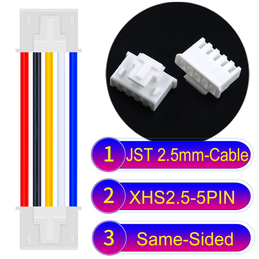JST XHS with Belt Lock 2.5mm 5Pin Same-Side-Head cable with 22AWG copper wire and UL1007-certified PVC, suitable for home appliances, electrical equipment, and LED lighting.