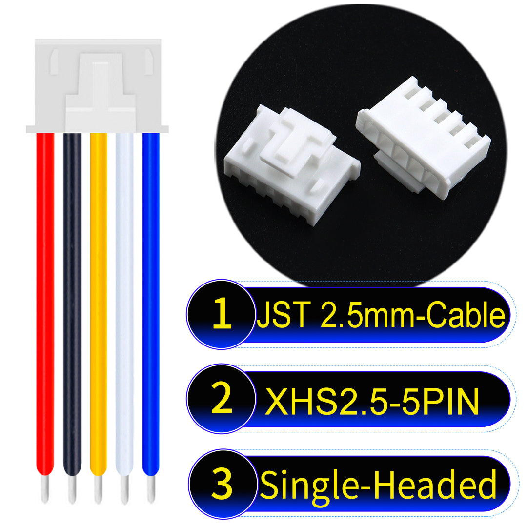 JST XHS with Belt Lock 2.5mm 5Pin single-headed cable with 22AWG copper wire and UL1007-certified PVC, suitable for home appliances, electrical equipment, and LED lighting.