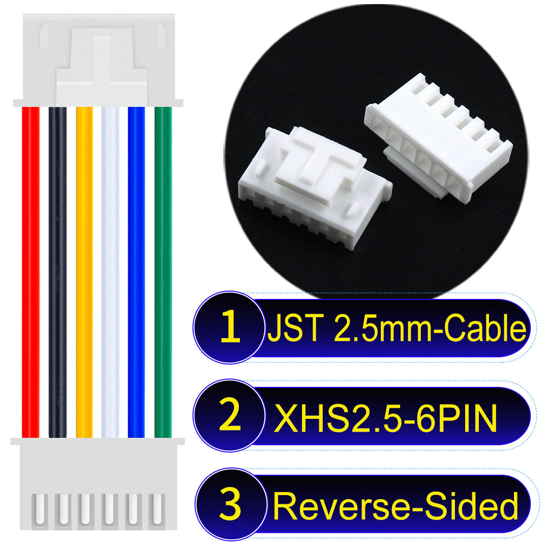 JST XHS with Belt Lock 6Pin Reverse-Side-Head cable, 2.54mm pitch, 22AWG copper wire, UL1007 certified, ideal for home appliances, electrical systems, and LED lighting applications.