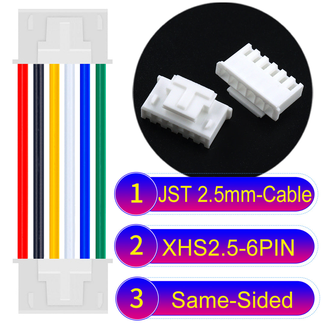JST XHS with Belt Lock 2.5mm 6Pin Same-Side-Head cable with 22AWG copper wire and UL1007-certified PVC, suitable for home appliances, electrical equipment, and LED lighting.