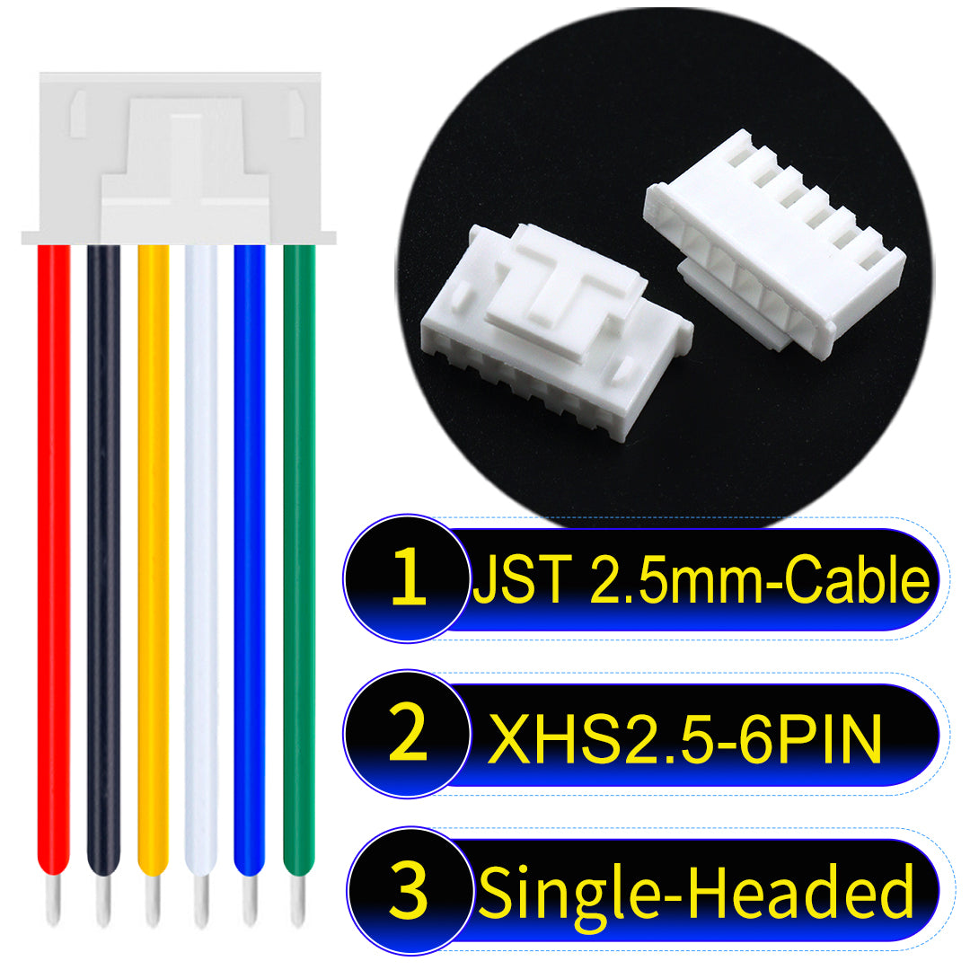 JST XHS with Belt Lock 2.5mm 6Pin single-headed cable with 22AWG copper wire and UL1007-certified PVC, suitable for home appliances, electrical equipment, and LED lighting.